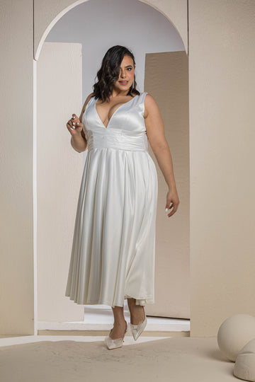 Radiant V-Neck Midi Flare Dress - White